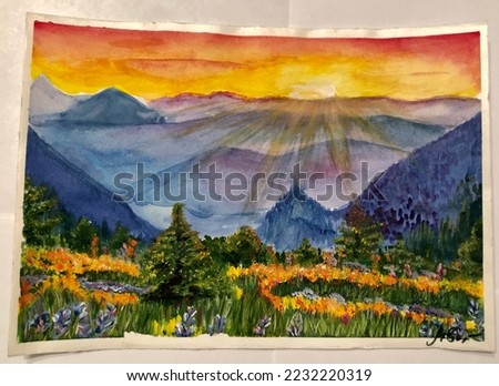 Painting depicting a mountain landscape: the setting sun illuminates the mountains, painting them in all shades of blue, purple and lilac. In the foreground green meadows with bright wildflowers
