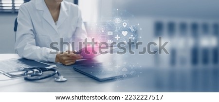 Medicine doctor working with digital technology interface icons, healthcare and innovation network concept.