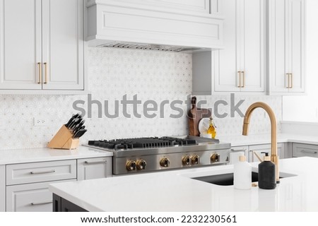 A detail shot of a beautiful kitchen's stainless steel luxury stove, hood, granite counter tops, and a custom, white and gold tiled back splash and faucet. Royalty-Free Stock Photo #2232230561