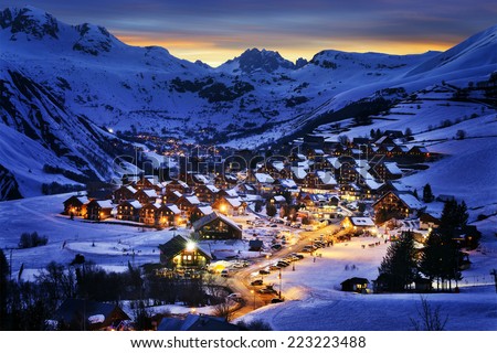 Evening landscape and ski resort in French Alps,Saint jean d'Arves, France  Royalty-Free Stock Photo #223223488