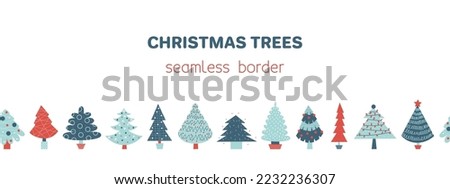 Christmas trees seamless border of many different shapes and colors. New year and cozy winter pattern. Vector flat illustration.