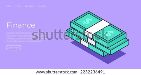 Finance landing page concet. Money in isometric style. Online banking, credit, finance landing page vector template