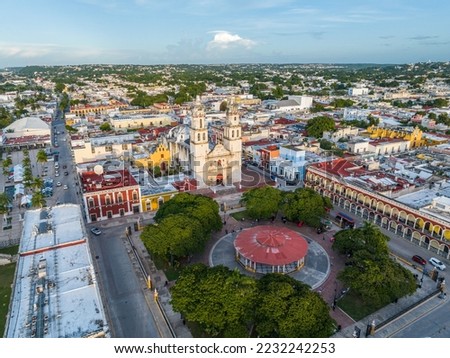 Aerial view of San Francisco de Campeche Cathedral at sunset. Campeche, Mexico. Royalty-Free Stock Photo #2232242253