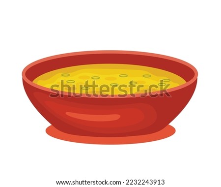 dal, daal or dhal. Indian dried legumes soup - lentils, beans, peas. Bright yellow Asian cuisine dish, cream soup. Vector illustration isolated on white background. Royalty-Free Stock Photo #2232243913