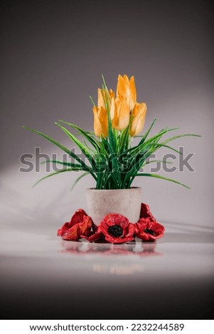 Ceramic poppies laid around a flowerpot
