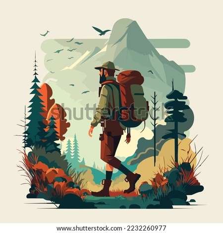 Hiker person hiking or trekking with backpack walking in mountain forest outdoor wilderness landscape, vector illustration Royalty-Free Stock Photo #2232260977