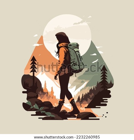 Hiker person hiking or trekking with backpack walking in mountain forest outdoor wilderness landscape, vector illustration Royalty-Free Stock Photo #2232260985