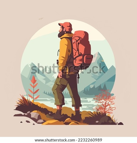 Hiker person hiking or trekking with backpack walking in mountain forest outdoor wilderness landscape, vector illustration Royalty-Free Stock Photo #2232260989