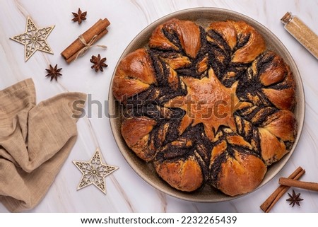 Food photography of brioche, poppy, star, pastry, cake, dessert