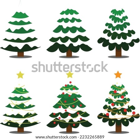 Snowy Christmas tree vector icon set decorated with star globes and lights ornaments beautiful green color multiple items with snow