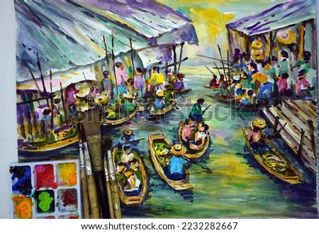   Decoration for the interior. watercolor  hut  painting Countryside , Floating market  , paintbrush  , mixing palette                      