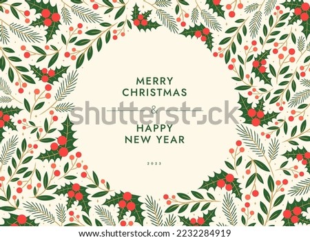 Merry Christmas artistic templates. Corporate Holiday card and invitation. Floral frame and background design. greeting card, poster, holiday cover, banner, flyer. Modern flat vector illustration. Royalty-Free Stock Photo #2232284919