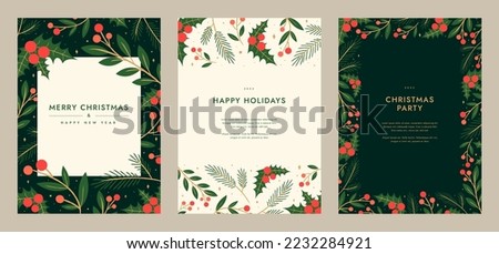 Merry Christmas artistic templates. Corporate Holiday card and invitation. Floral frame and background design. greeting card, poster, holiday cover, banner, flyer. Modern flat vector illustration. Royalty-Free Stock Photo #2232284921