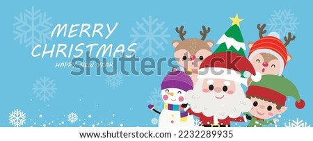Merry Christmas and happy new year greeting card with cute Santa Claus, snowman, little elf and deer. Holiday cartoon character in winter season HNY vector illustration poster background 