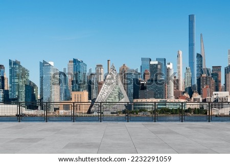 Skyscrapers Cityscape Downtown, New York Skyline Buildings. Beautiful Real Estate. Day time. Empty rooftop View. Success concept.
