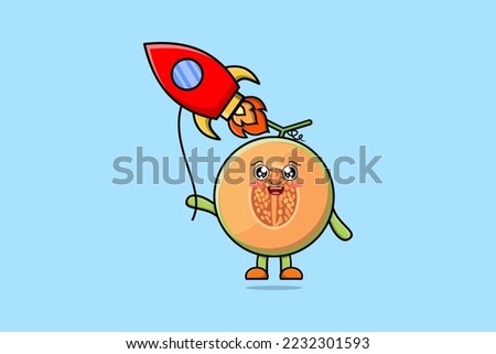 Cute cartoon Melon floating with rocket balloon cartoon vector illustration