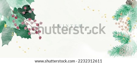 Watercolor winter art background vector illustration. Hand painted decorative botanical winter leaf branch, berry, pine leaves, gold texture. Design for print, decoration, poster, wallpaper, banner.