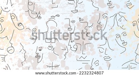 One line drawing. Abstract face seamless pattern. Vector Modern minimal art. Graphics contour background. Continuous line drawing. Linear design woman and man faces. Beauty modern print.
