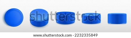 Blue plastic bottle caps png set isolated on transparent background. Realistic 3D illustration of screw lids top, side, front, upside down view. Mockup of cover for mineral water, soda, medicines Royalty-Free Stock Photo #2232335849