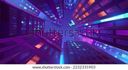 Night city low angle view at skyscrapers against dark sky with stars. Neon glowing high buildings upwards, highrise urban architecture with light reflection in windows, Cartoon vector illustration Royalty-Free Stock Photo #2232335903