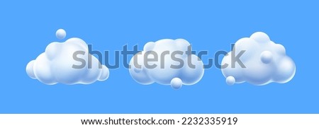 3d render white clouds, cute fluffy spindrift rounded cumulus eddies. Flying weather and nature design elements balloons isolated on blue background, illustration in cartoon plastic style, icons Royalty-Free Stock Photo #2232335919