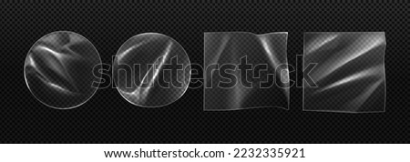 Transparent stickers or patches, wrinkled plastic or pvc film. Shrunken adhesive labels mockup of round and square shapes. Isolated emblems, badges or tags, Realistic 3d vector illustration, set Royalty-Free Stock Photo #2232335921