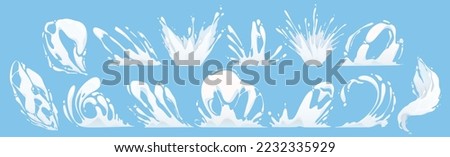 Cartoon set of milk or paint splash isolated on blue background. Vector illustration of white liquid substance pouring on surface with many drops splattering around. Fresh organic dairy food product