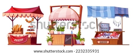 Market stalls with flowers, bakery and seafood. Grocery and plants wooden kiosks with tents, traditional marketplace stands isolated on white background, vector cartoon illustration Royalty-Free Stock Photo #2232335931