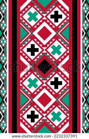 Colorful geometric ethnic seamless pattern design for wallpaper, background, fabric, curtain, carpet, clothing, and wrapping.