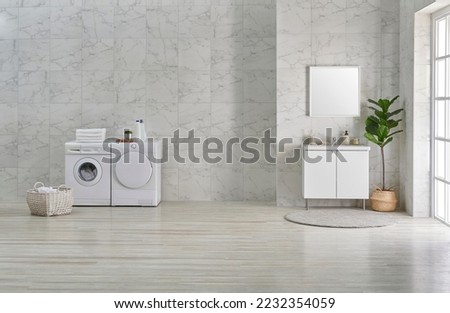 Washing machine and bathroom cabinet sink mirror style, white ceramic wall background. Royalty-Free Stock Photo #2232354059