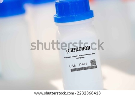 (CH3)2CHOH isopropyl alcohol 2-propanol propan-2-ol isopropanol CAS 67-63-0 chemical substance in white plastic laboratory packaging Royalty-Free Stock Photo #2232368413