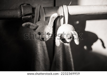 Children's towels with animal heads hung on the radiator pipe. Black and white photograph.