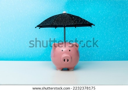 Toy umbrella covering piggy bank
