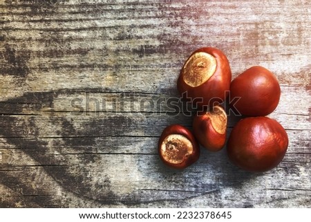 chestnuts on fooden background. Autumn concept with copy space, minimal flat lay
