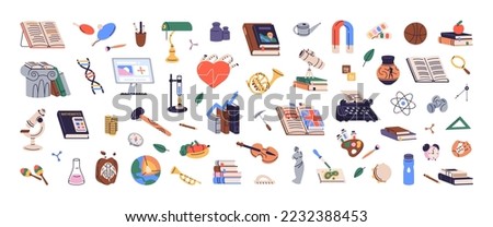School stuff, supplies bundle. Stationery, items, accessories, elements for education. Book, magnet, computer, molecule set for different subject. Flat vector illustration isolated on white background