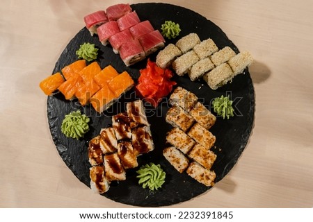 Set of fresh sushi rolls. Japanese seafood