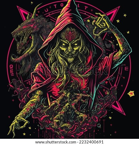 Psychedelic skeleton demon illustration. Heavy Metal Apparel Tattoo. Dark Art. Royalty-Free Stock Photo #2232400691