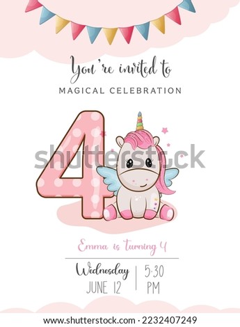 Birthday invitation with number 4 and unicorn