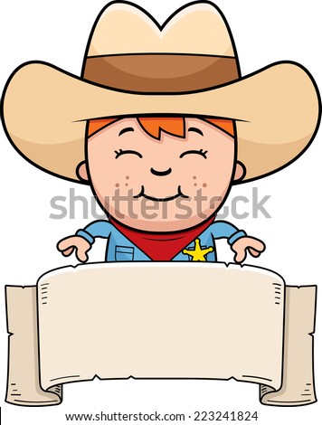 A cartoon illustration of a little cowboy with a banner.