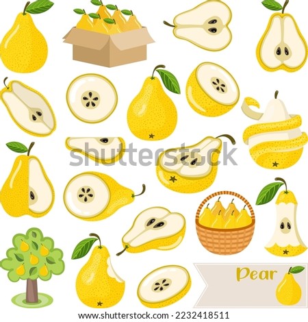 Set of digital elements with fresh yellow pear