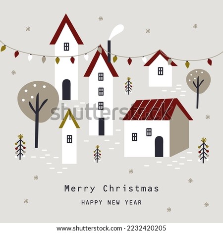 Christmas card with houses. Vector illustration