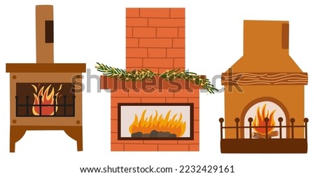 Christmas fireplace collection. Home fireplaces with socks, stockings, gifts, candles, firs and Xmas decoration. Warm cozy hearths with winter holiday decor. Vector illustrations isolated on white