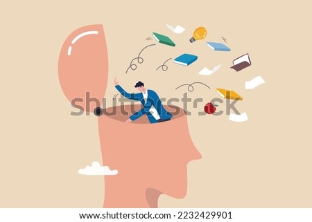 Unlearn, forget wrong information or knowledge, erase or delete memory for free space to learn new things concept, businessman throw away books and knowledge from his brain open head. Royalty-Free Stock Photo #2232429901