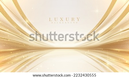 Luxury cream color background with golden line elements and curve light effect decoration and bokeh. Royalty-Free Stock Photo #2232430555