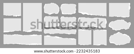 Set of white torn or ripped paper sheet. Scrapbook edge, notebook tear or blank page split vector illustration. Abstract realistic ornament or decoration clip art for social media banner background. Royalty-Free Stock Photo #2232435183
