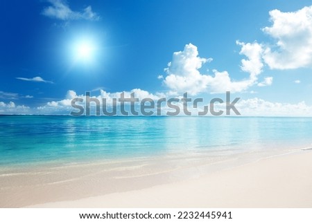 Tropical Beach with Blue Sky. Nature Landscape. White clouds and hot sun. Sunny Day. A place like a heaven. Always a trip. Best place to go in winter. Royalty-Free Stock Photo #2232445941