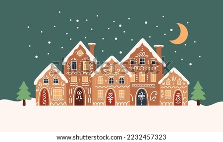 Gingerbread houses christmas scene. Cute vector illustration in flat cartoon style Royalty-Free Stock Photo #2232457323
