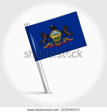 Pennsylvania map pin flag icon. Pennant map marker on a metal needle. 3D realistic vector illustration.