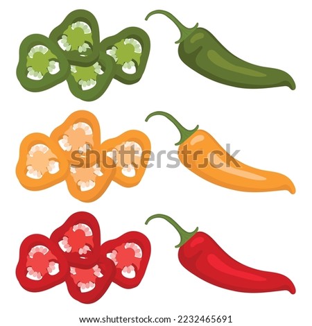 Vector set of hot peppers. Yellow, red, green pepper. Slices of hot pepper. Hot pepper pods and slices. Royalty-Free Stock Photo #2232465691