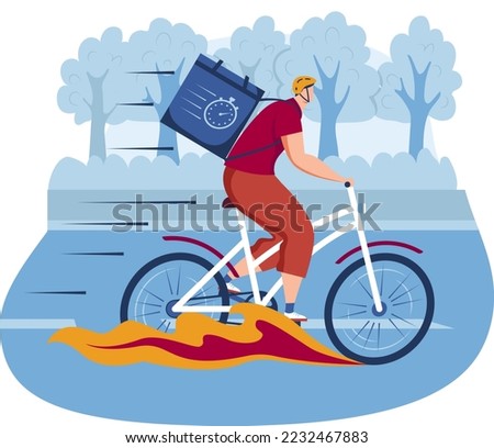Courier man ride bicycle from delivery service, vector illustration. Flat food fast transportation by bike, male character with express order